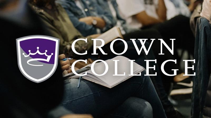 Crown College logo over a photo of students taking notes