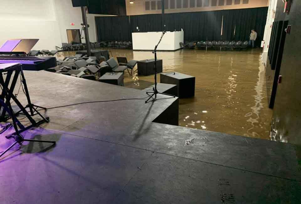 View from the stage - Flood devastation at New Tribe Church, Mt. Juliet, Tenn.